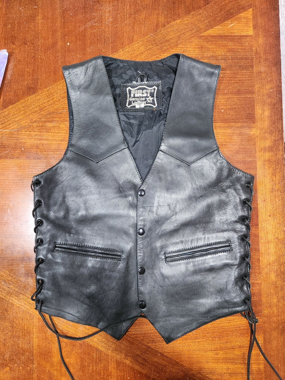 First Genuine Black Leather Lace-Up Vest for Men Small
